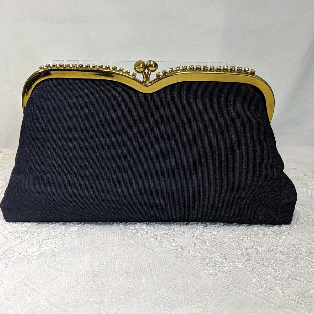 Graceline Master Purse Navy Blue Kiss-lock Clutch 50s With Prong-set Rhinestones